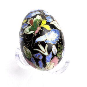 Cloisonné Floral & Butterflies Vintage Black Enamel Egg Chinese Decorative Art